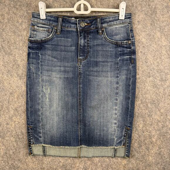Kut From The Kloth Connie Blue Denim Distressed Straight Skirt Size 0 EUC 313 - Picture 1 of 7